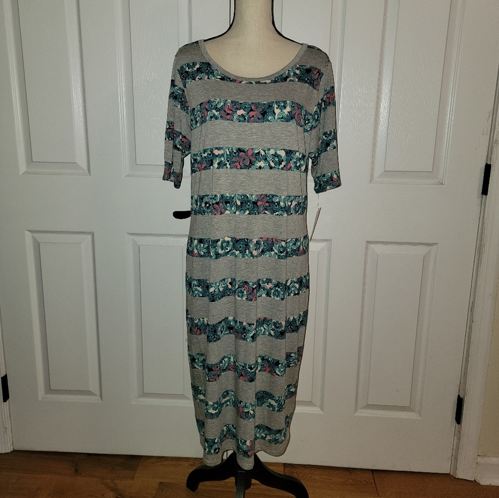Teal Gray Striped Midi Dress Stretch Casual Work Comfy Everyday NWT